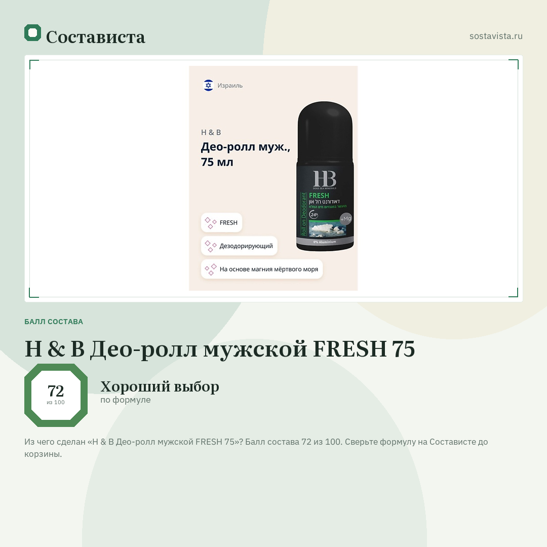 H & B Део-ролл мужской FRESH 75: балл состава 72 из 100 — Состависта