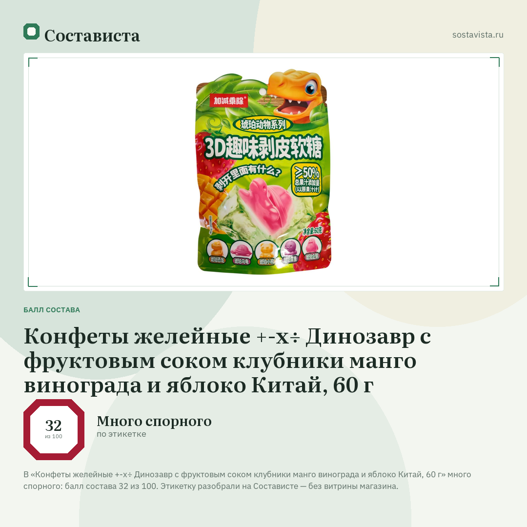 Конфеты желейные +-х÷ Динозавр с фруктовым соком клубники манго винограда и яблоко Китай, 60 г: балл состава 32 из 100 — Состависта