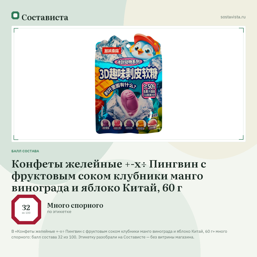 Конфеты желейные +-х÷ Пингвин с фруктовым соком клубники манго винограда и яблоко Китай, 60 г: балл состава 32 из 100 — Состависта