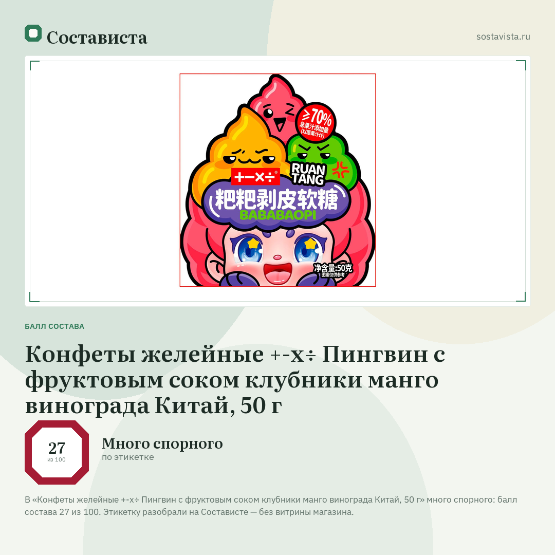 Конфеты желейные +-х÷ Пингвин с фруктовым соком клубники манго винограда Китай, 50 г: балл состава 27 из 100 — Состависта