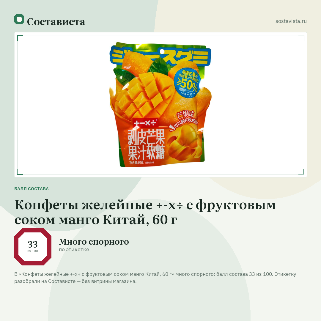 Конфеты желейные +-х÷ с фруктовым соком манго Китай, 60 г: балл состава 33 из 100 — Состависта