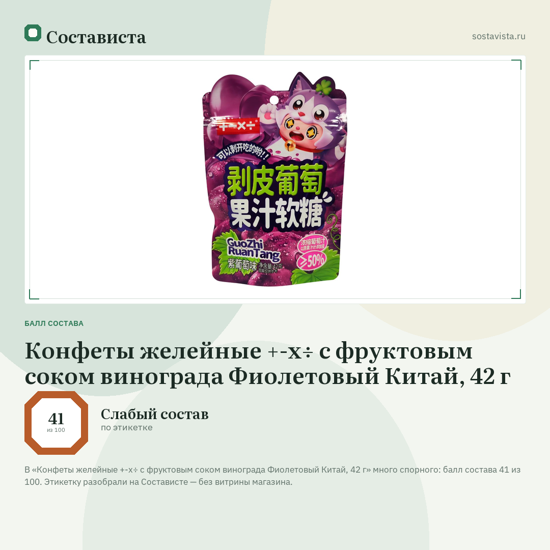 Конфеты желейные +-х÷ с фруктовым соком винограда Фиолетовый Китай, 42 г: балл состава 41 из 100 — Состависта