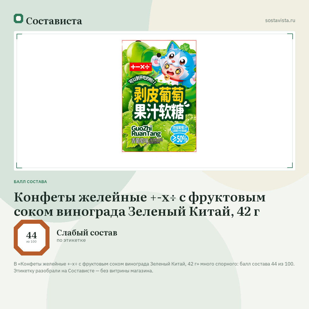 Конфеты желейные +-х÷ с фруктовым соком винограда Зеленый Китай, 42 г: балл состава 44 из 100 — Состависта