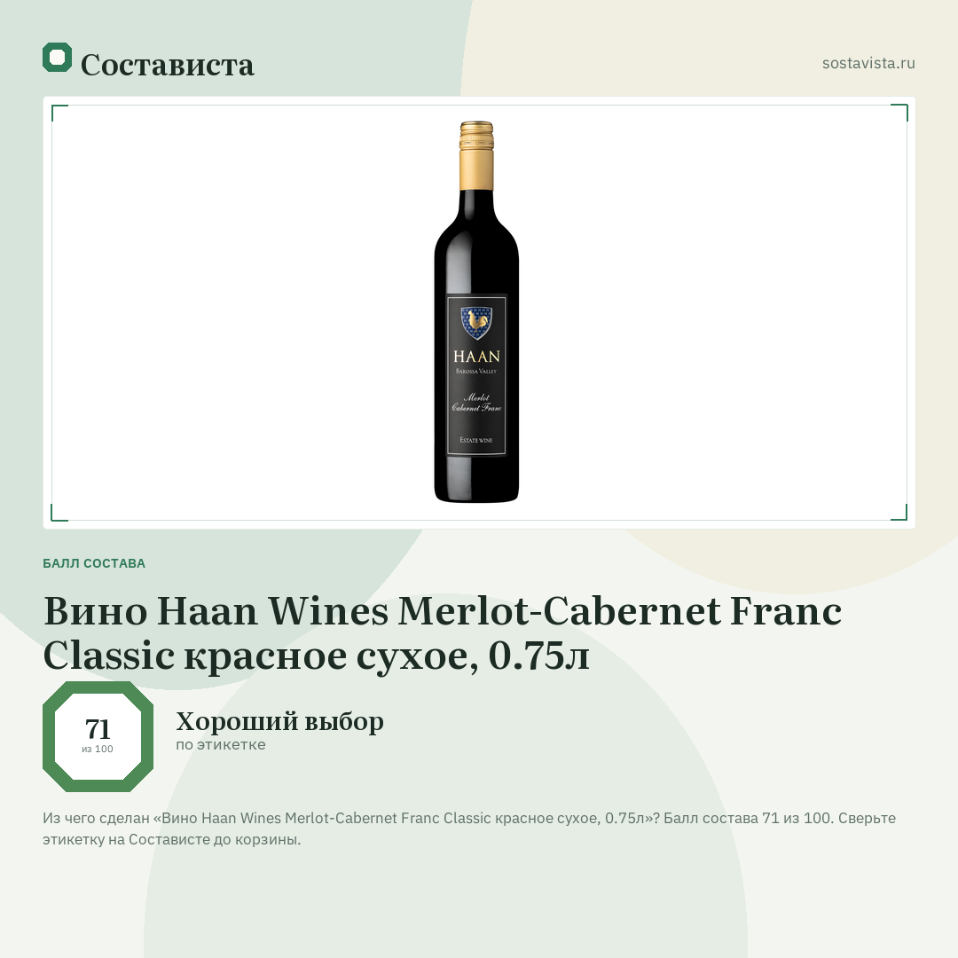 Вино Haan Wines Merlot-Cabernet Franc Classic красное сухое, 0.75л: балл состава 71 из 100 — Состависта