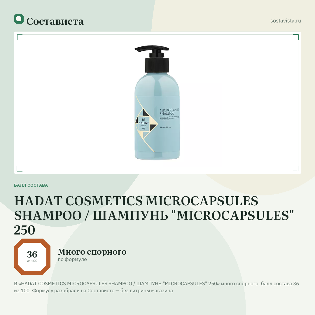 HADAT COSMETICS MICROCAPSULES SHAMPOO / ШАМПУНЬ "MICROCAPSULES" 250: балл состава 36 из 100 — Состависта