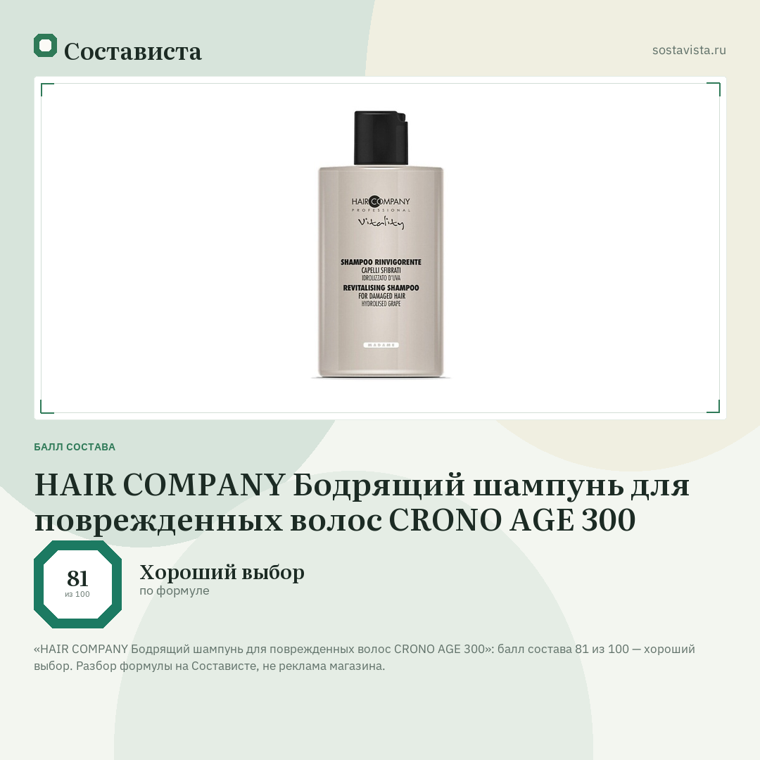 HAIR COMPANY Бодрящий шампунь для поврежденных волос CRONO AGE 300: балл состава 81 из 100 — Состависта