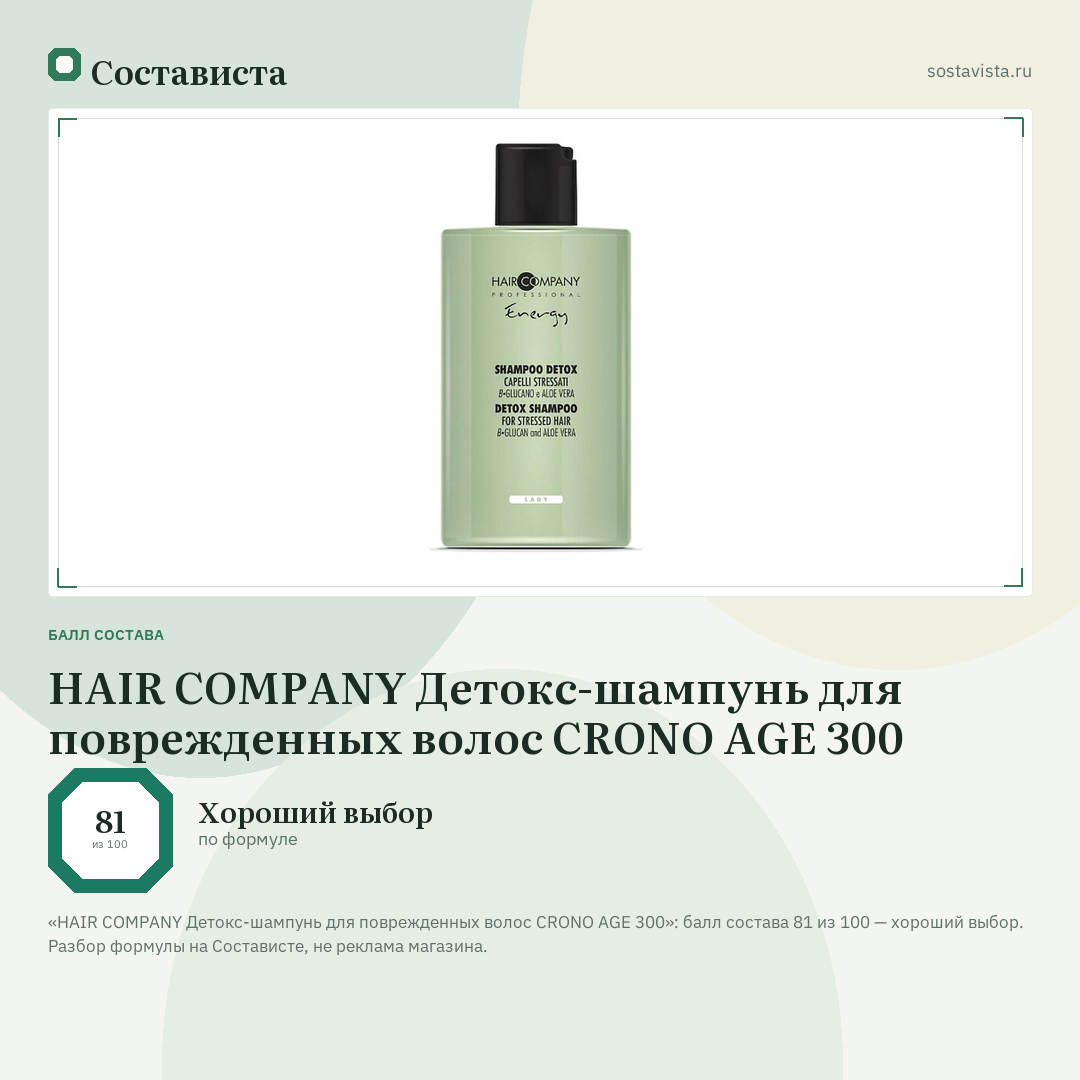 HAIR COMPANY Детокс-шампунь для поврежденных волос CRONO AGE 300: балл состава 81 из 100 — Состависта