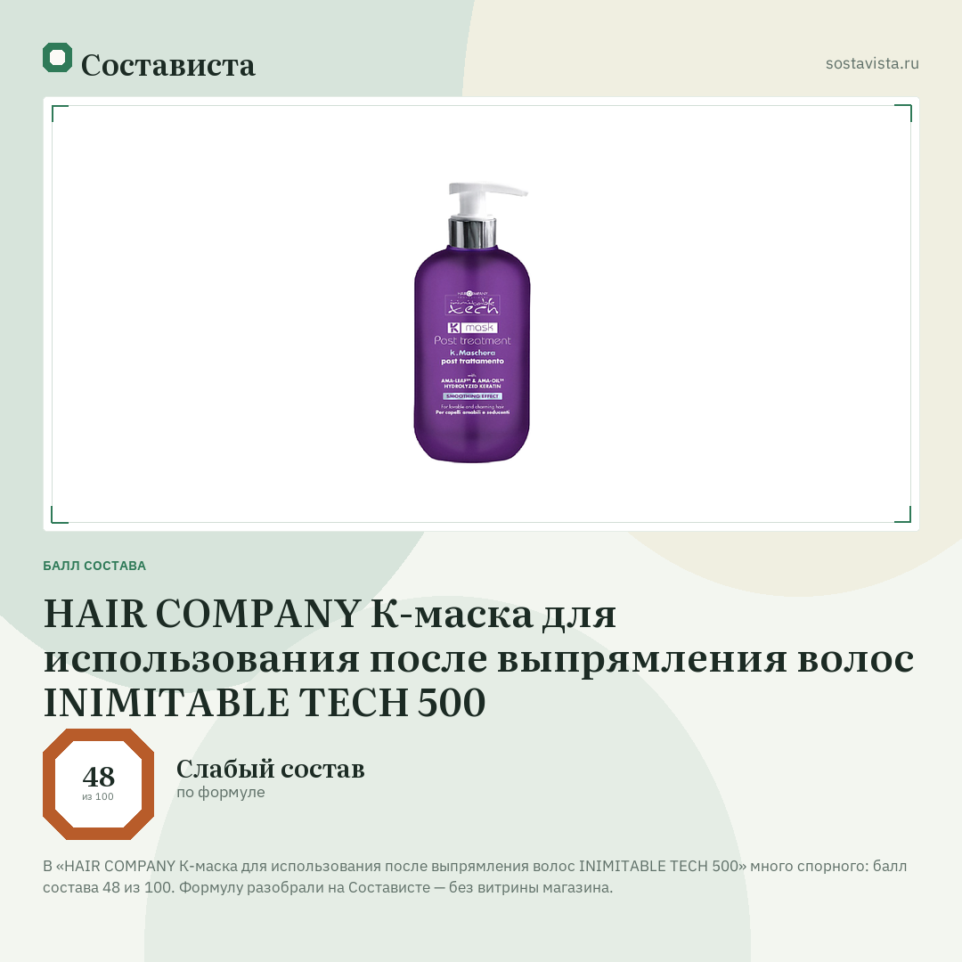 HAIR COMPANY К-маска для использования после выпрямления волос INIMITABLE TECH 500: балл состава 48 из 100 — Состависта
