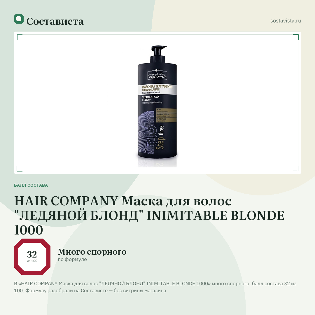 HAIR COMPANY Маска для волос "ЛЕДЯНОЙ БЛОНД" INIMITABLE BLONDE 1000: балл состава 32 из 100 — Состависта