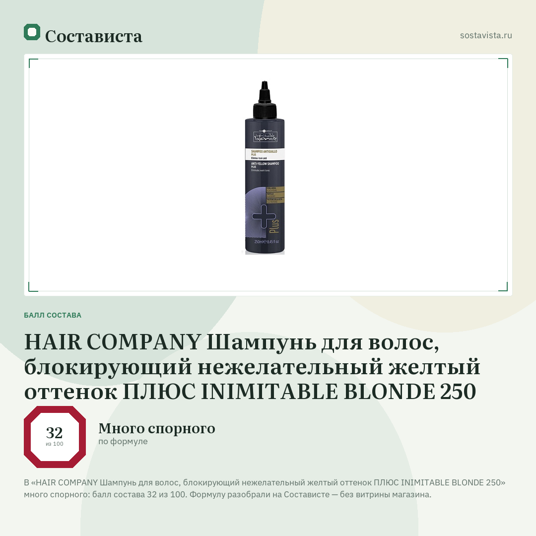 HAIR COMPANY Шампунь для волос, блокирующий нежелательный желтый оттенок ПЛЮС INIMITABLE BLONDE 250: балл состава 32 из 100 — Состависта