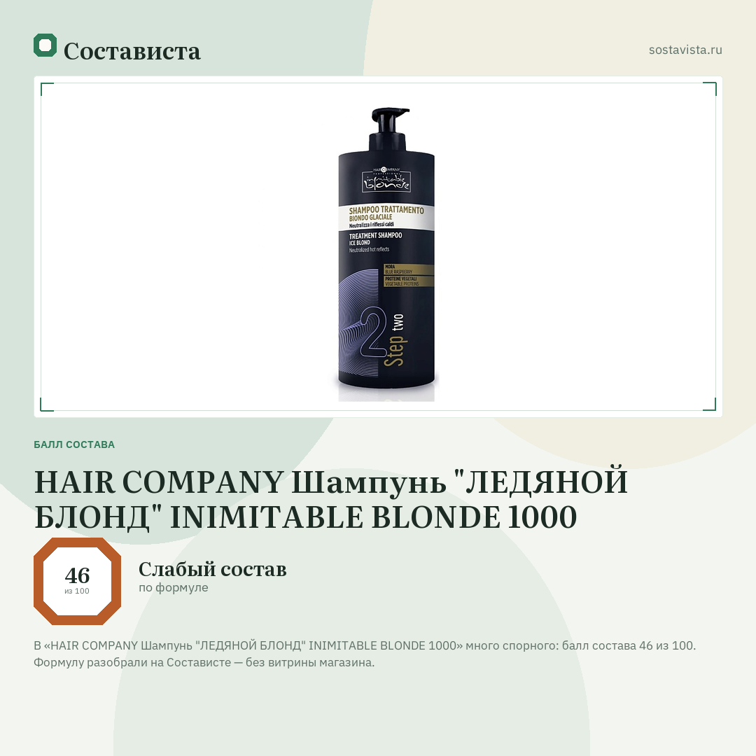 HAIR COMPANY Шампунь "ЛЕДЯНОЙ БЛОНД" INIMITABLE BLONDE 1000: балл состава 46 из 100 — Состависта