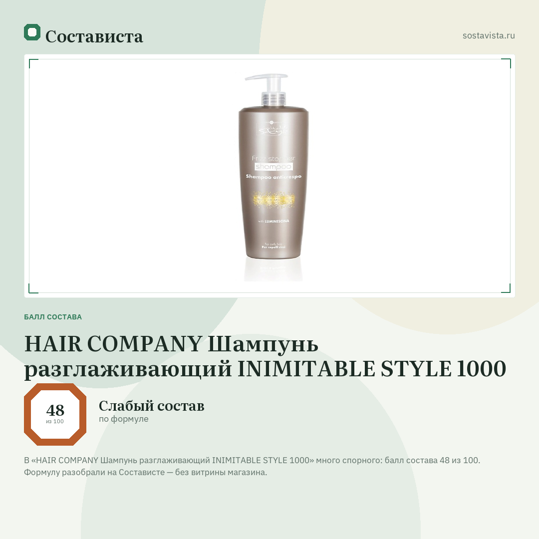 HAIR COMPANY Шампунь разглаживающий INIMITABLE STYLE 1000: балл состава 48 из 100 — Состависта
