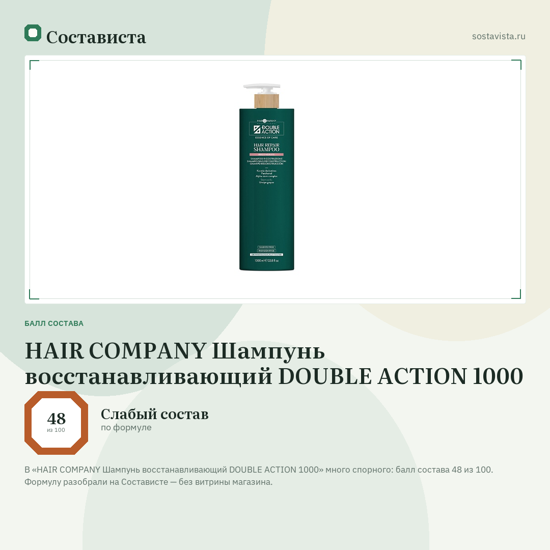 HAIR COMPANY Шампунь восстанавливающий DOUBLE ACTION 1000: балл состава 48 из 100 — Состависта