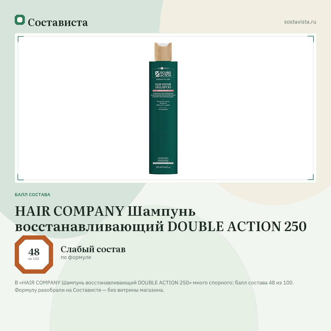 HAIR COMPANY Шампунь восстанавливающий DOUBLE ACTION 250: балл состава 48 из 100 — Состависта