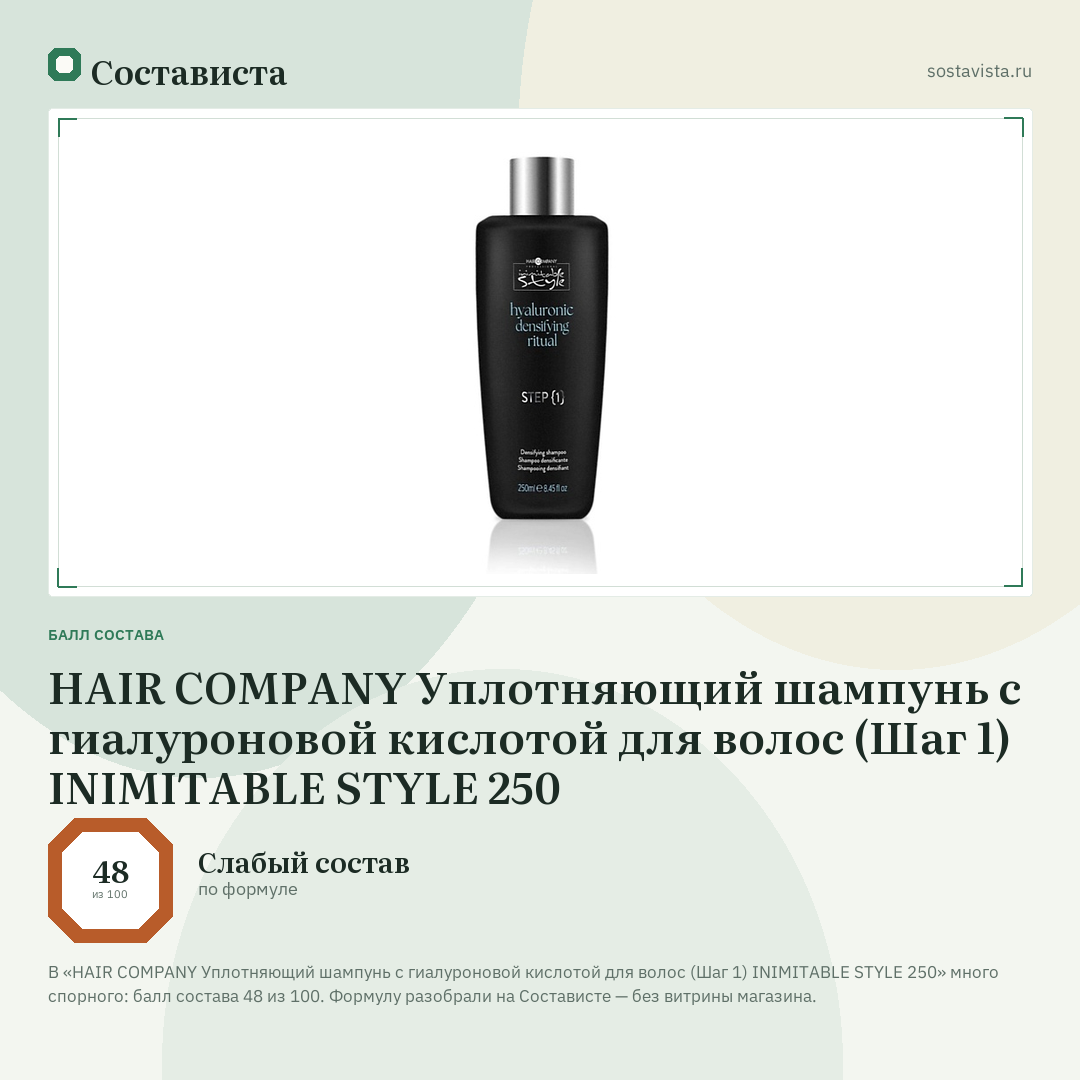 HAIR COMPANY Уплотняющий шампунь с гиалуроновой кислотой для волос (Шаг 1) INIMITABLE STYLE 250: балл состава 48 из 100 — Состависта
