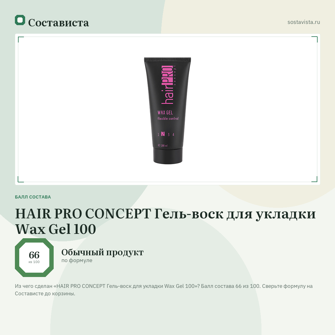 HAIR PRO CONCEPT Гель-воск для укладки Wax Gel 100: балл состава 66 из 100 — Состависта