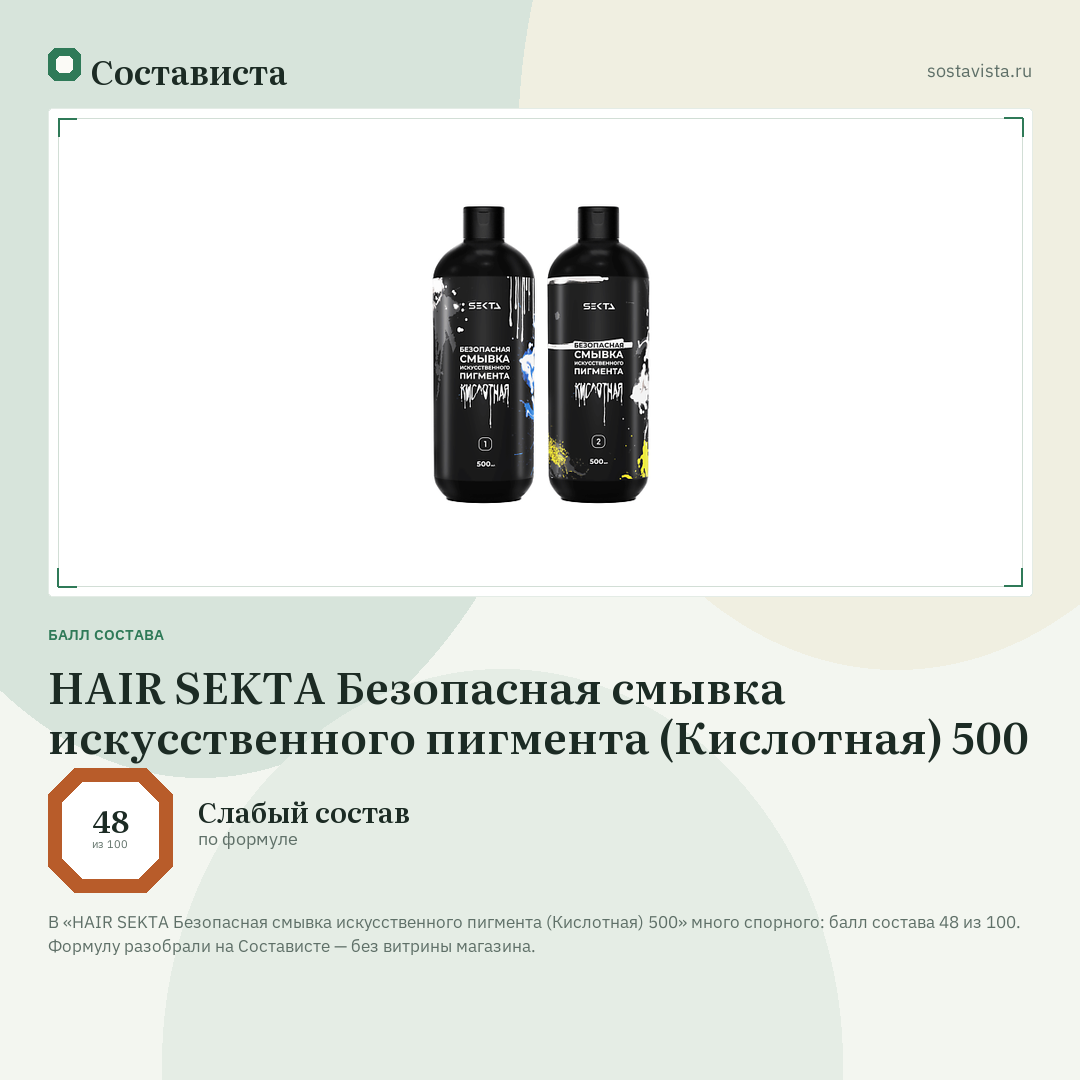 HAIR SEKTA Безопасная смывка искусственного пигмента (Кислотная) 500: балл состава 48 из 100 — Состависта