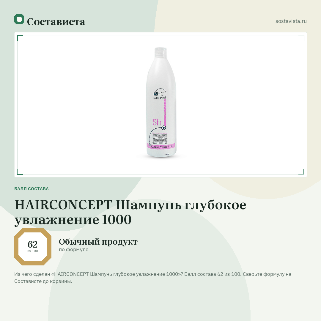 HAIRCONCEPT Шампунь глубокое увлажнение 1000: балл состава 62 из 100 — Состависта
