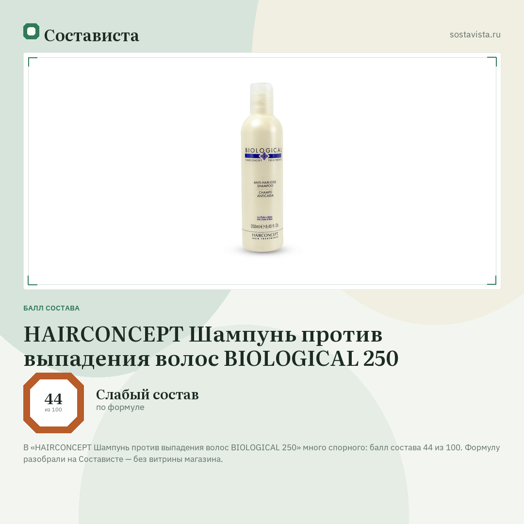 HAIRCONCEPT Шампунь против выпадения волос BIOLOGICAL 250: балл состава 44 из 100 — Состависта