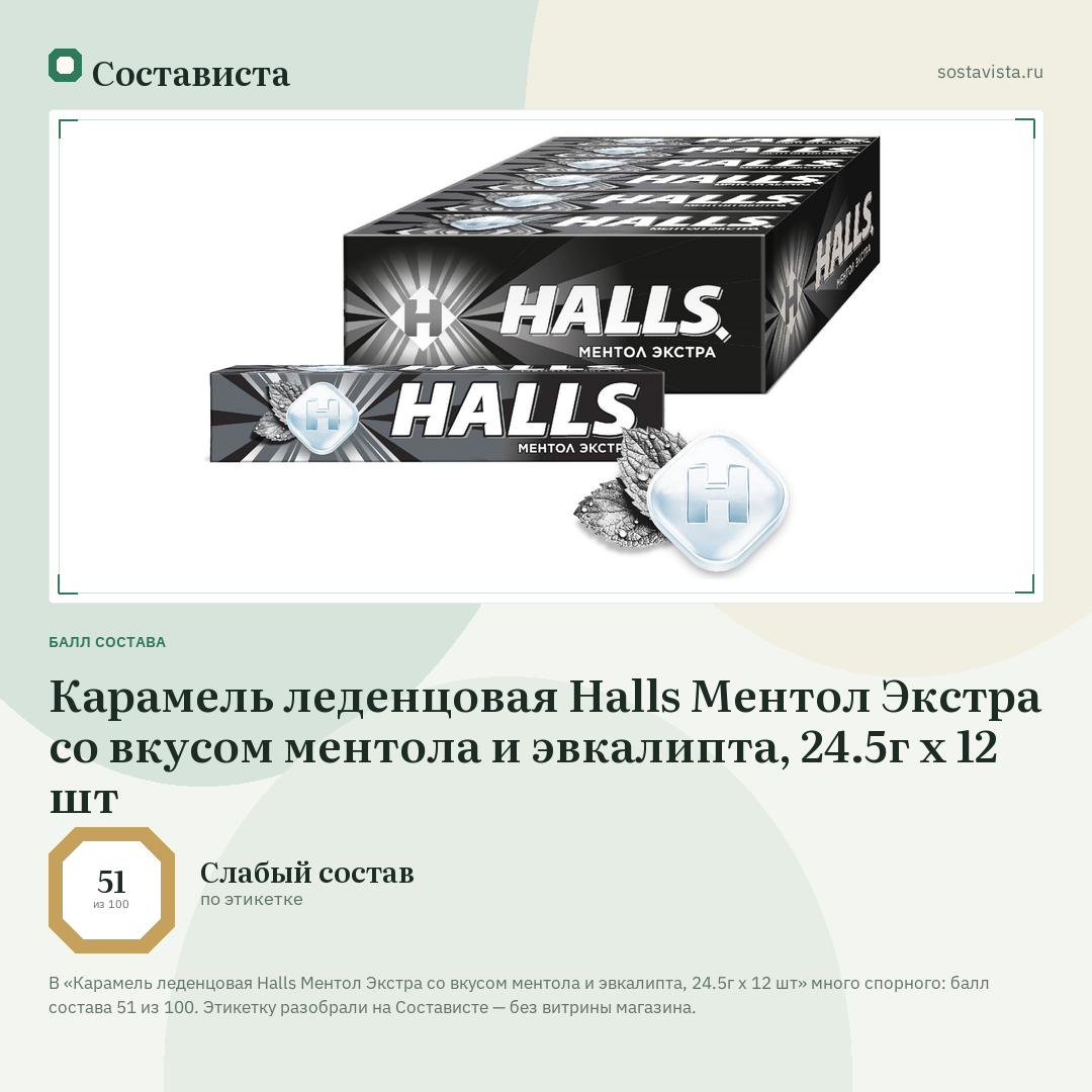 Карамель леденцовая Halls Ментол Экстра со вкусом ментола и эвкалипта, 24.5г x 12 шт: балл состава 51 из 100 — Состависта