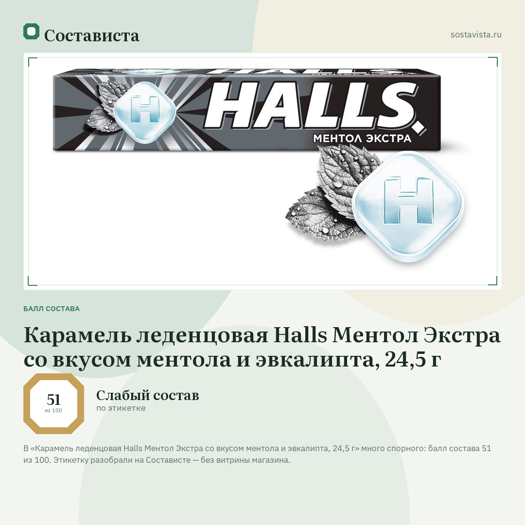 Карамель леденцовая Halls Ментол Экстра со вкусом ментола и эвкалипта, 24,5 г: балл состава 51 из 100 — Состависта