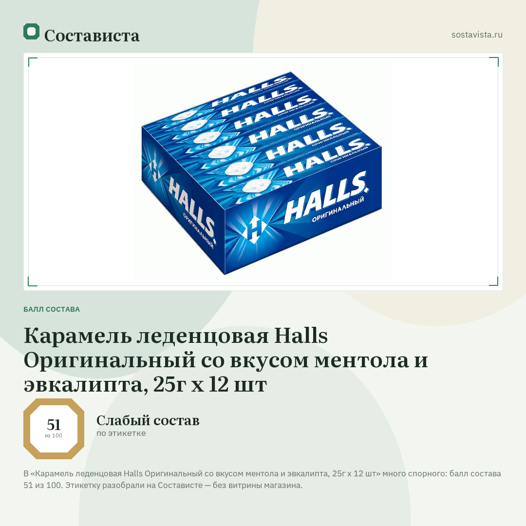 Карамель леденцовая Halls Оригинальный со вкусом ментола и эвкалипта, 25г x 12 шт: балл состава 51 из 100 — Состависта