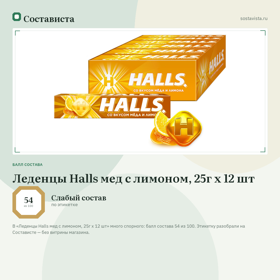 Леденцы Halls мед с лимоном, 25г x 12 шт: балл состава 54 из 100 — Состависта