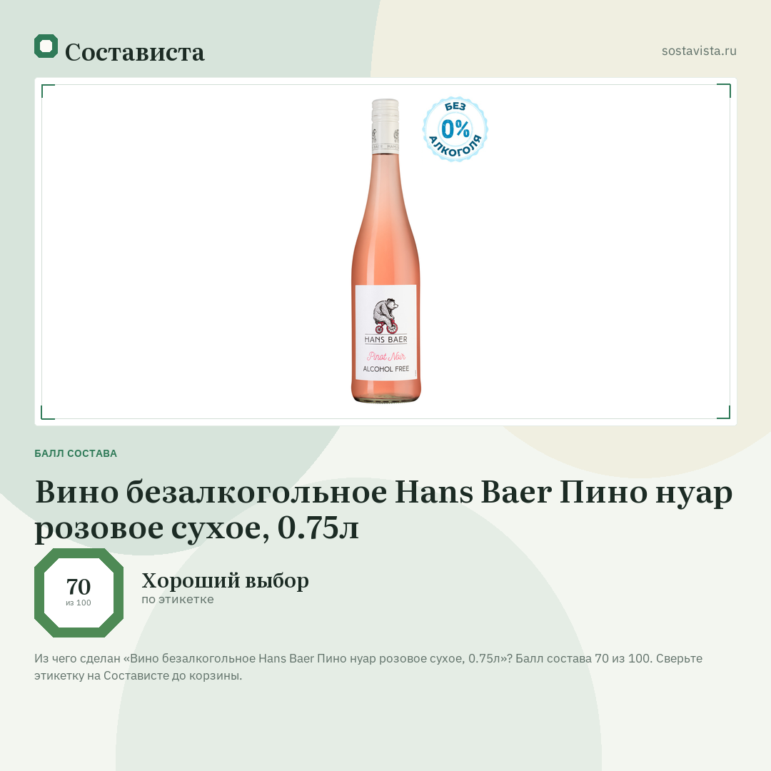 Вино безалкогольное Hans Baer Пино нуар розовое сухое, 0.75л: балл состава 70 из 100 — Состависта