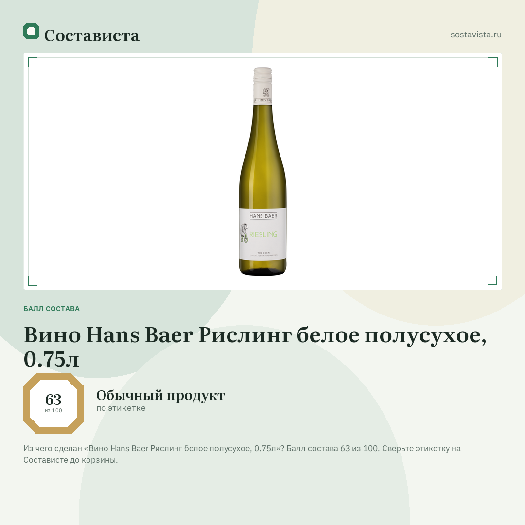 Вино Hans Baer Рислинг белое полусухое, 0.75л: балл состава 63 из 100 — Состависта