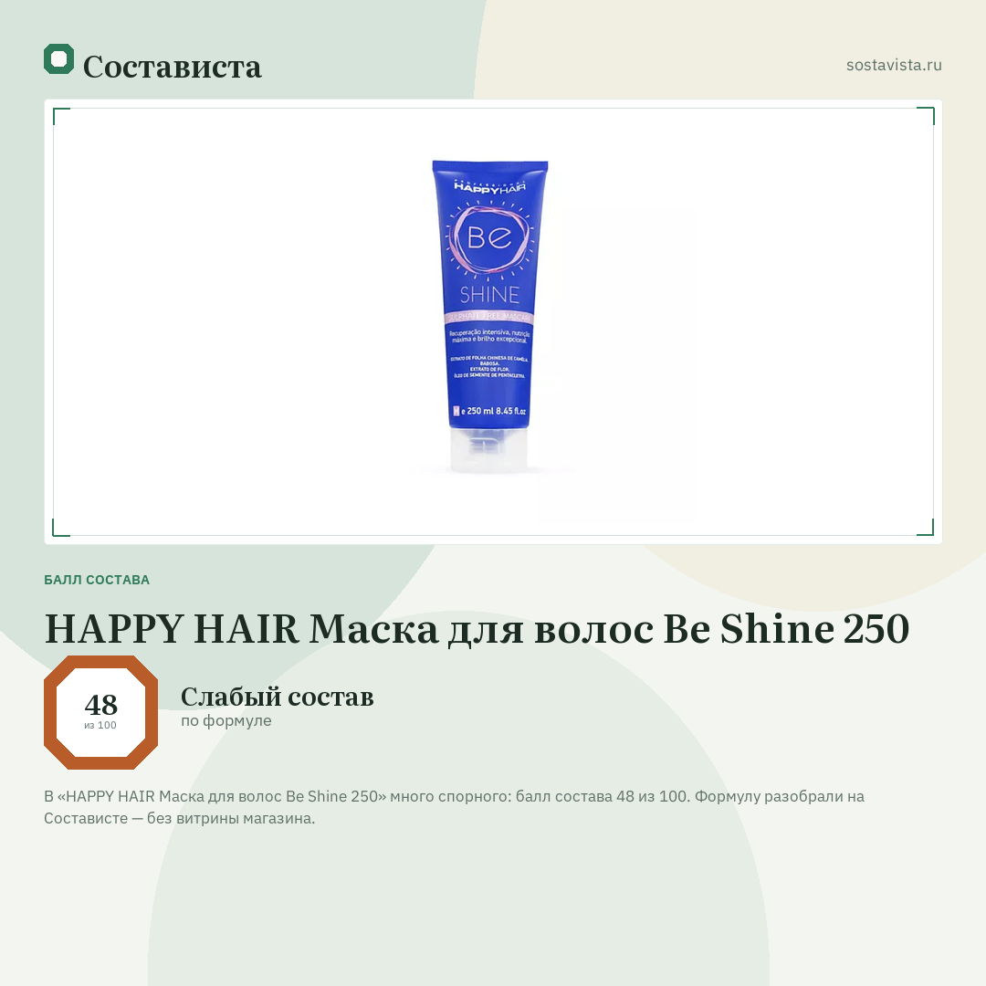 HAPPY HAIR Маска для волос Be Shine 250: балл состава 48 из 100 — Состависта