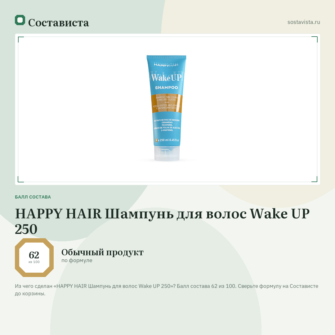 HAPPY HAIR Шампунь для волос Wake UP 250: балл состава 62 из 100 — Состависта