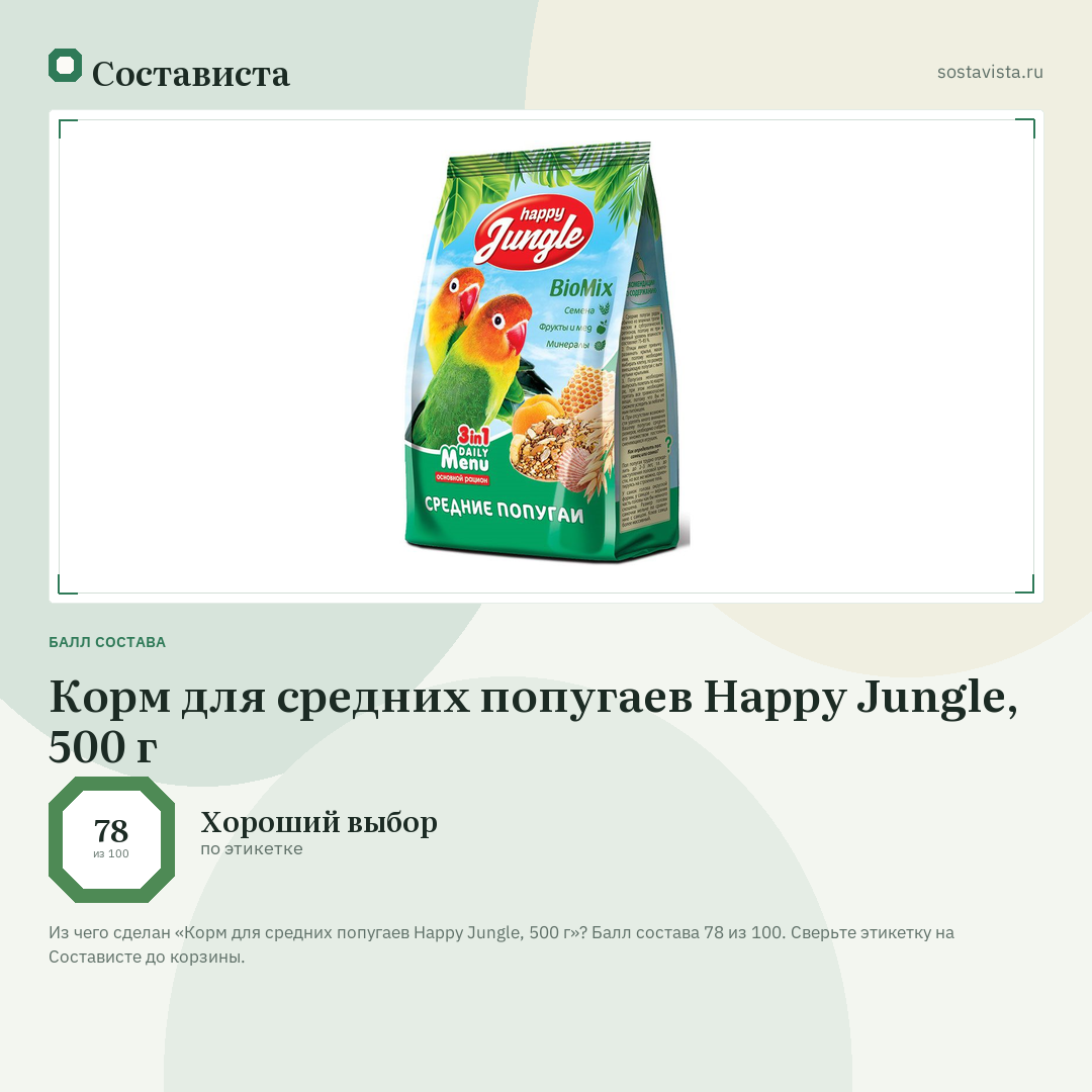 Корм для средних попугаев Happy Jungle, 500 г: балл состава 78 из 100 — Состависта