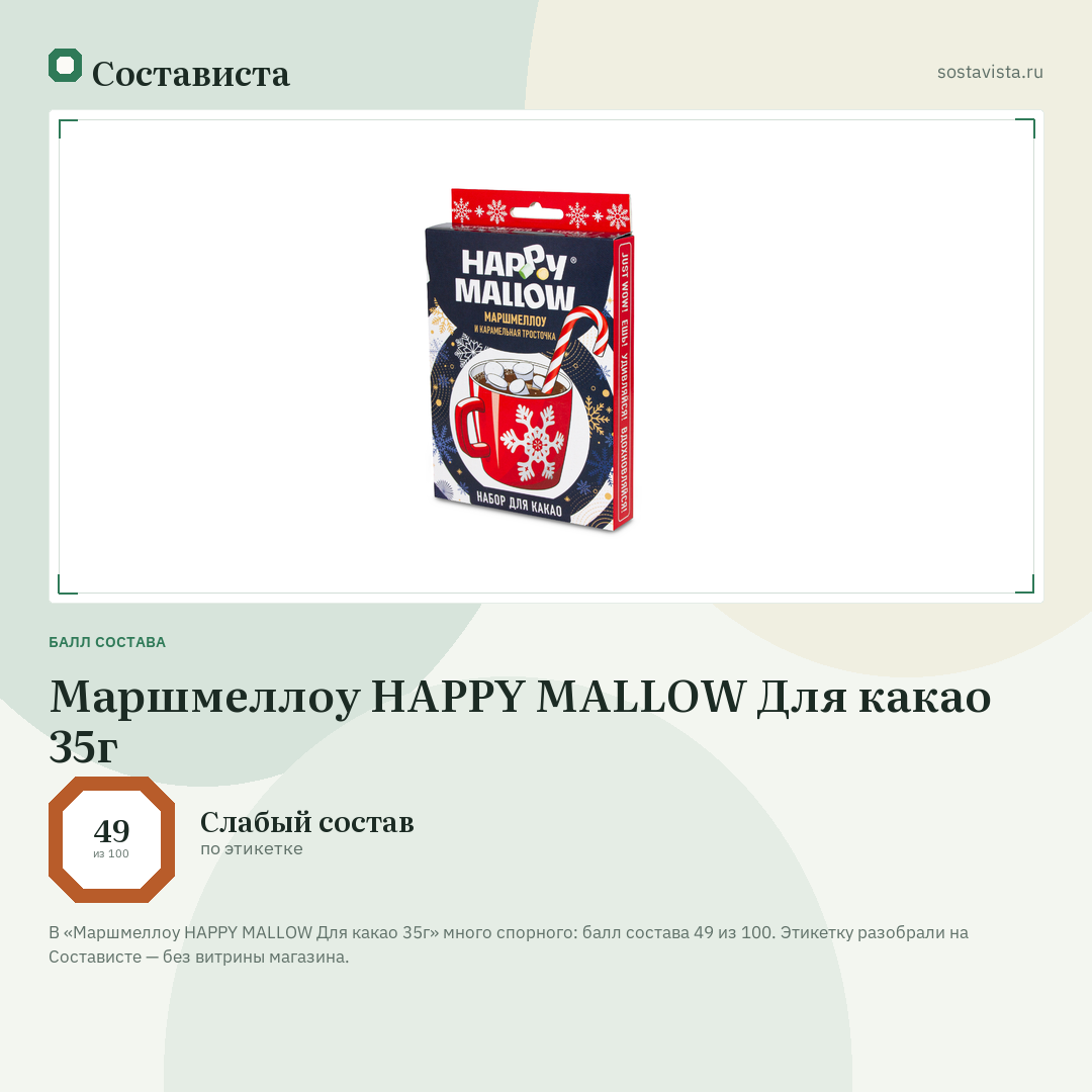 Маршмеллоу HAPPY MALLOW Для какао 35г: балл состава 49 из 100 — Состависта