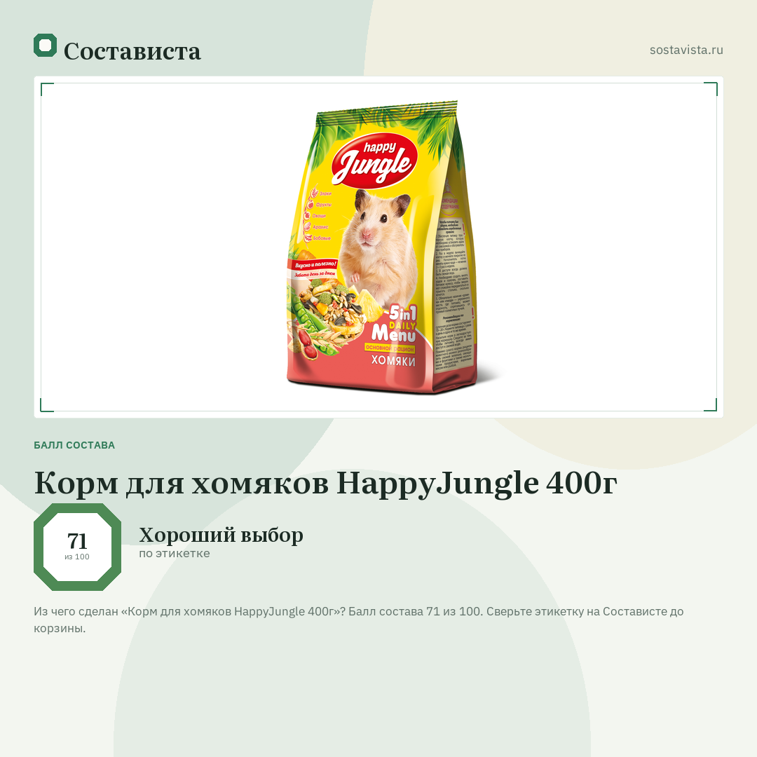 Корм для хомяков HappyJungle 400г: балл состава 71 из 100 — Состависта