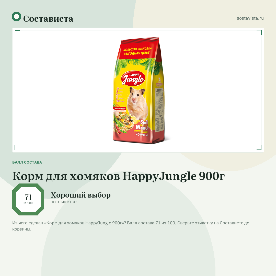 Корм для хомяков HappyJungle 900г: балл состава 71 из 100 — Состависта