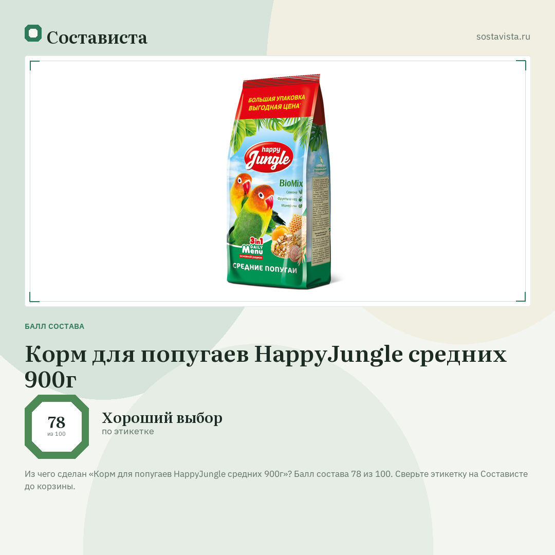 Корм для попугаев HappyJungle средних 900г: балл состава 78 из 100 — Состависта