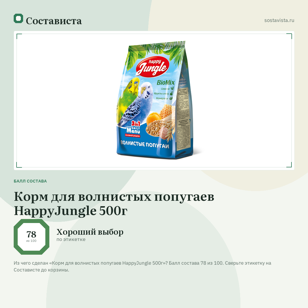 Корм для волнистых попугаев HappyJungle 500г: балл состава 78 из 100 — Состависта