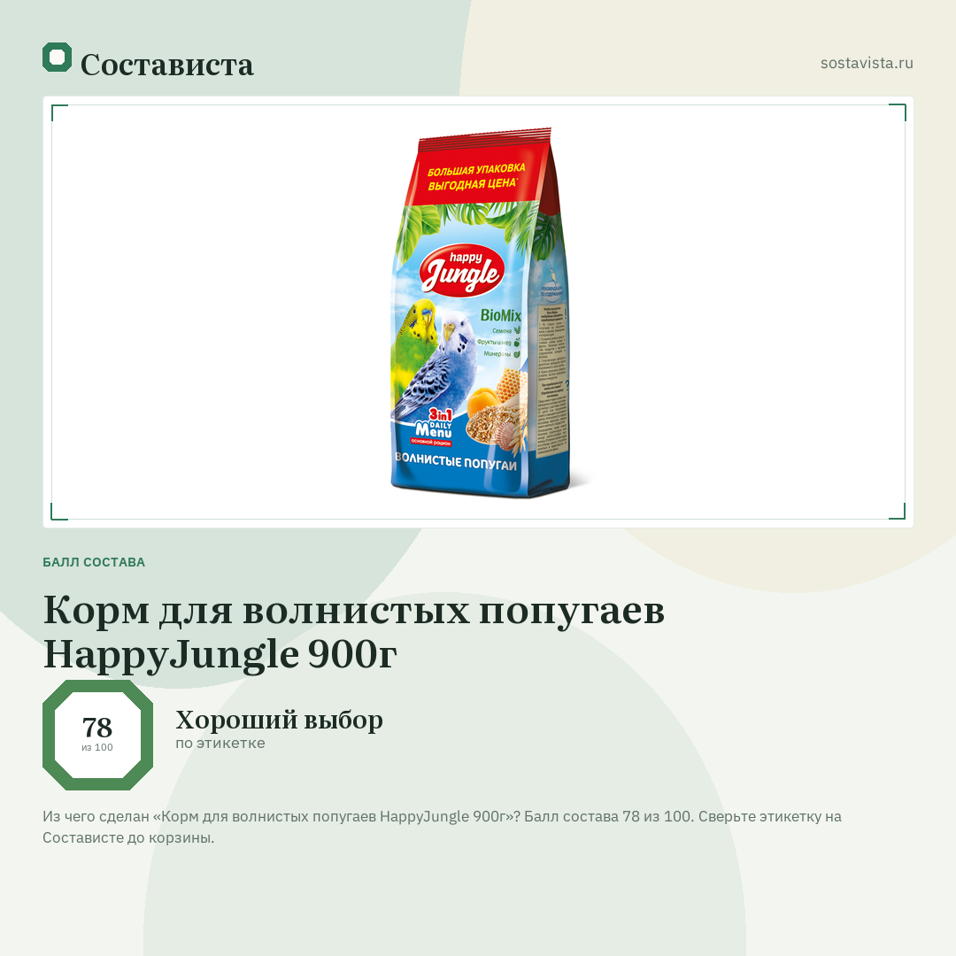 Корм для волнистых попугаев HappyJungle 900г: балл состава 78 из 100 — Состависта