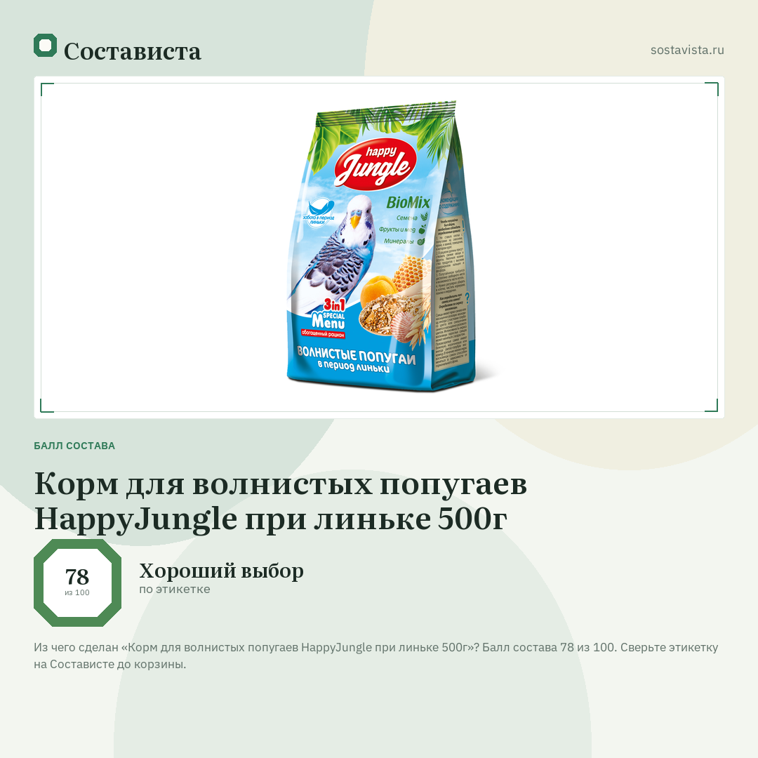 Корм для волнистых попугаев HappyJungle при линьке 500г: балл состава 78 из 100 — Состависта