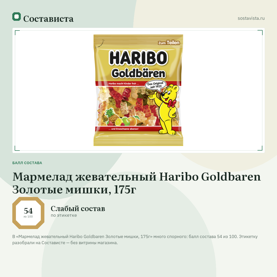 Мармелад жевательный Haribo Goldbaren Золотые мишки, 175г: балл состава 54 из 100 — Состависта