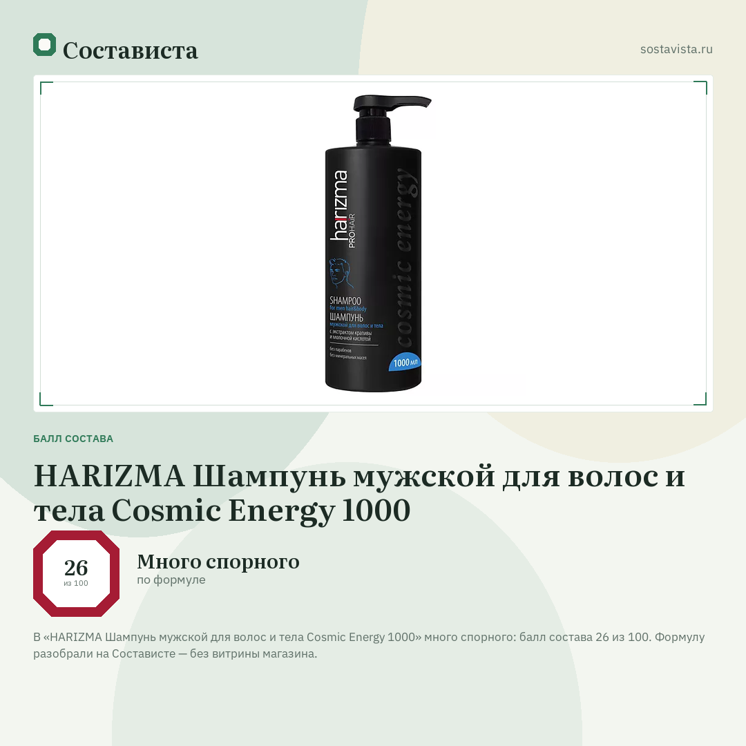 HARIZMA Шампунь мужской для волос и тела Cosmic Energy 1000: балл состава 26 из 100 — Состависта