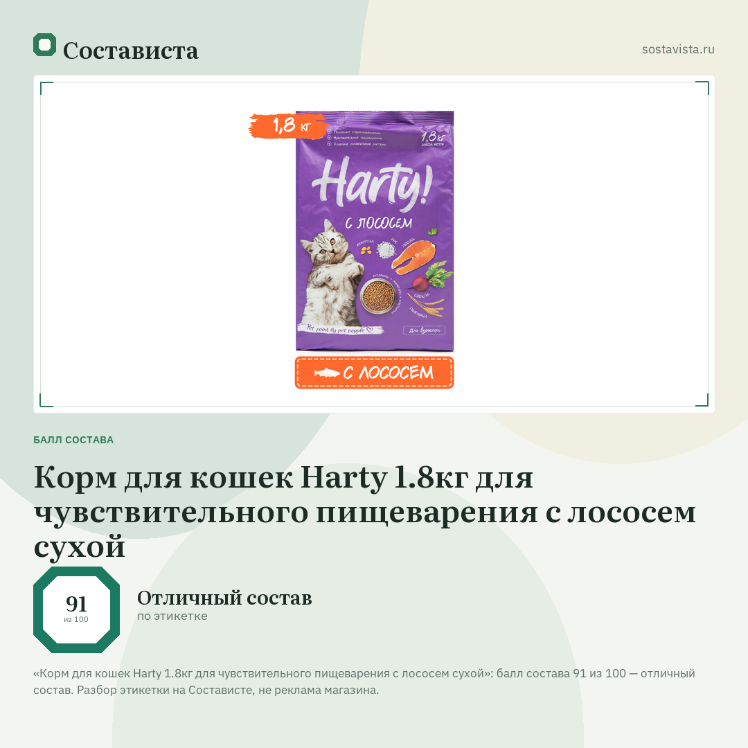 Корм для кошек Harty 1.8кг для чувствительного пищеварения с лососем сухой: балл состава 91 из 100 — Состависта