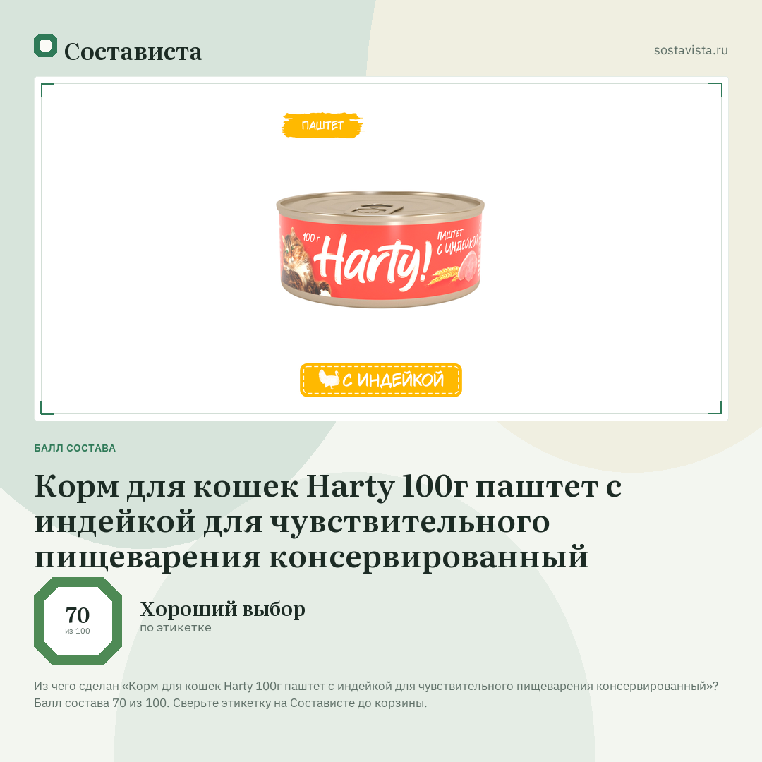 Корм для кошек Harty 100г паштет с индейкой для чувствительного пищеварения консервированный: балл состава 70 из 100 — Состависта
