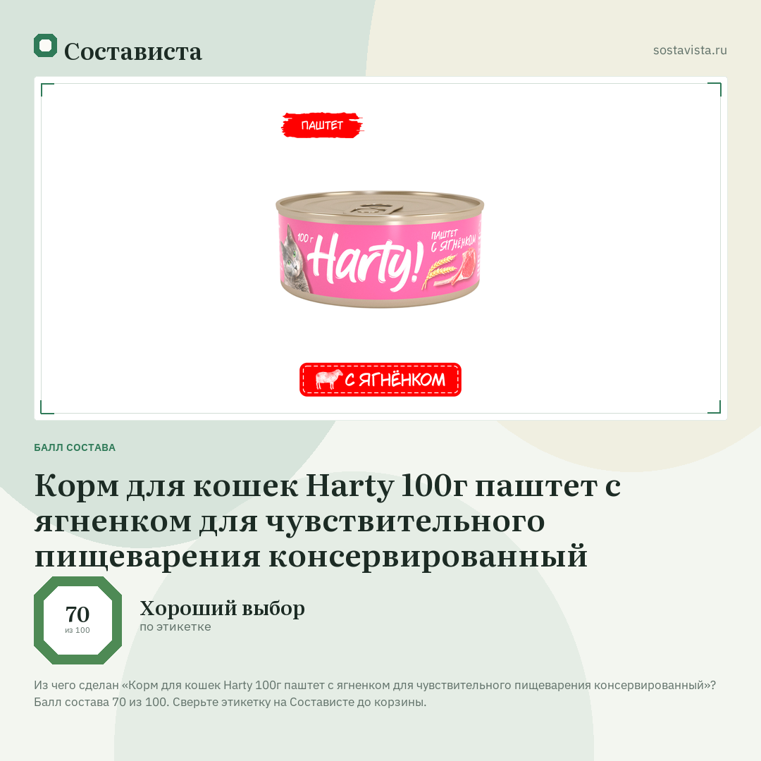 Корм для кошек Harty 100г паштет с ягненком для чувствительного пищеварения консервированный: балл состава 70 из 100 — Состависта