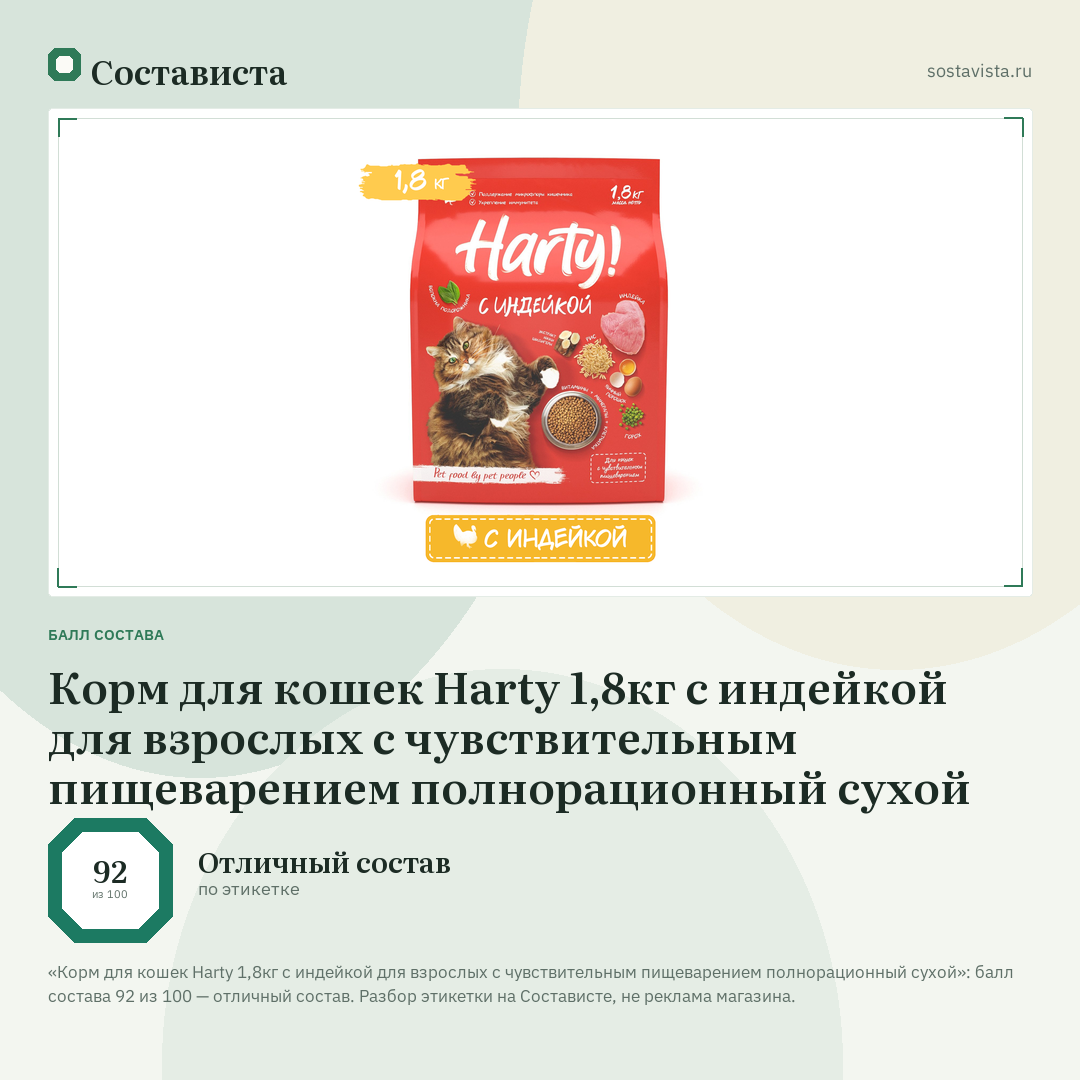 Корм для кошек Harty 1,8кг с индейкой для взрослых с чувствительным пищеварением полнорационный сухой: балл состава 92 из 100 — Состависта