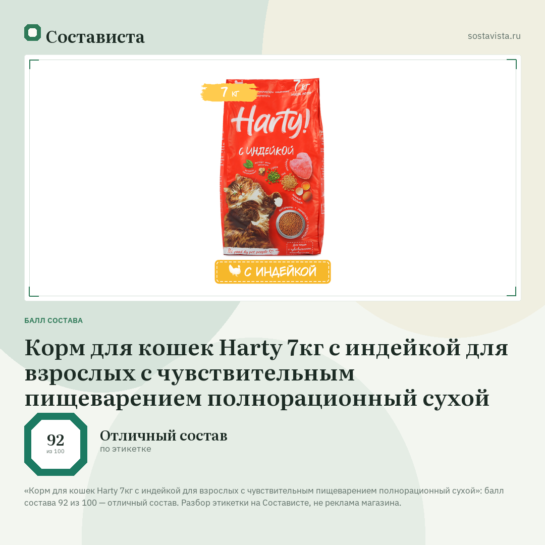 Корм для кошек Harty 7кг с индейкой для взрослых с чувствительным пищеварением полнорационный сухой: балл состава 92 из 100 — Состависта