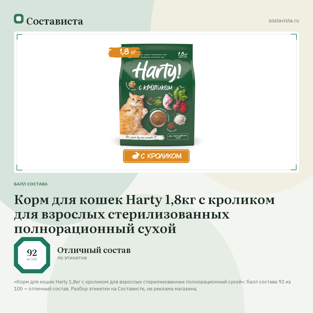 Корм для кошек Harty 1,8кг с кроликом для взрослых стерилизованных полнорационный сухой: балл состава 92 из 100 — Состависта