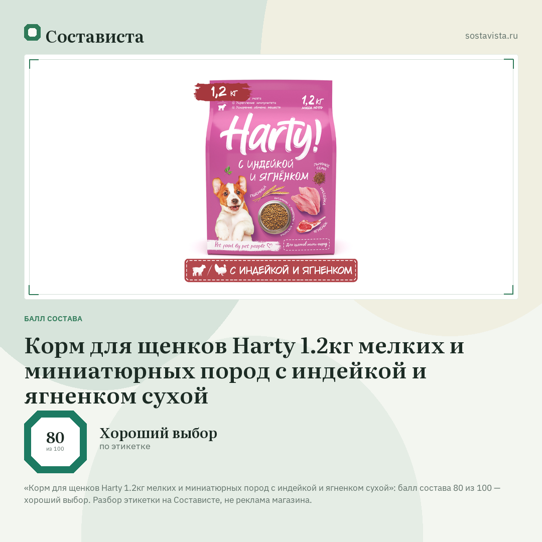 Корм для щенков Harty 1.2кг мелких и миниатюрных пород с индейкой и ягненком сухой: балл состава 80 из 100 — Состависта