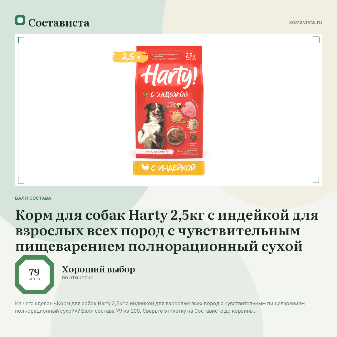Корм для собак Harty 2,5кг с индейкой для взрослых всех пород с чувствительным пищеварением полнорационный сухой: балл состава 79 из 100 — Состависта