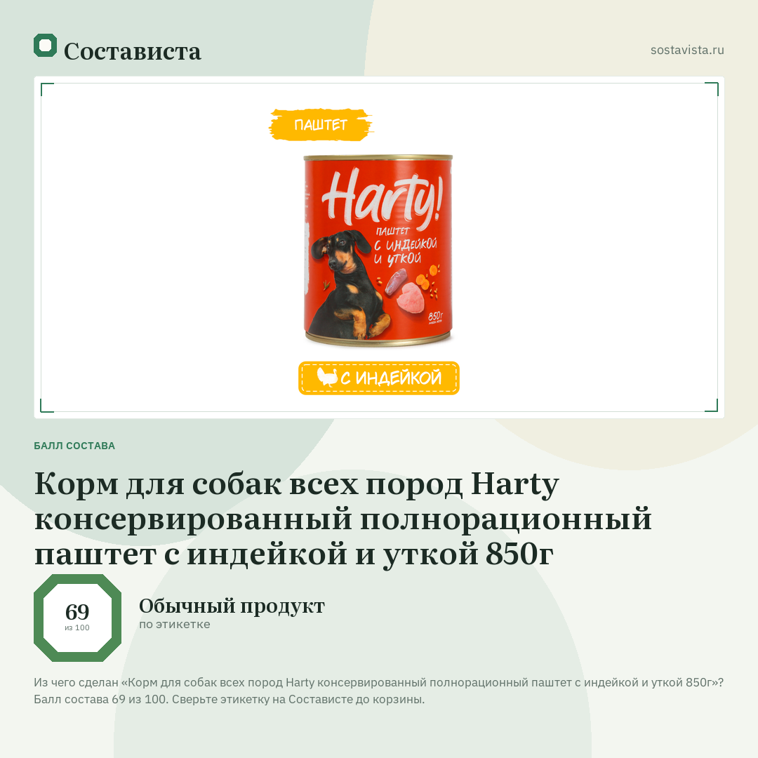 Корм для собак всех пород Harty консервированный полнорационный паштет с индейкой и уткой 850г: балл состава 69 из 100 — Состависта
